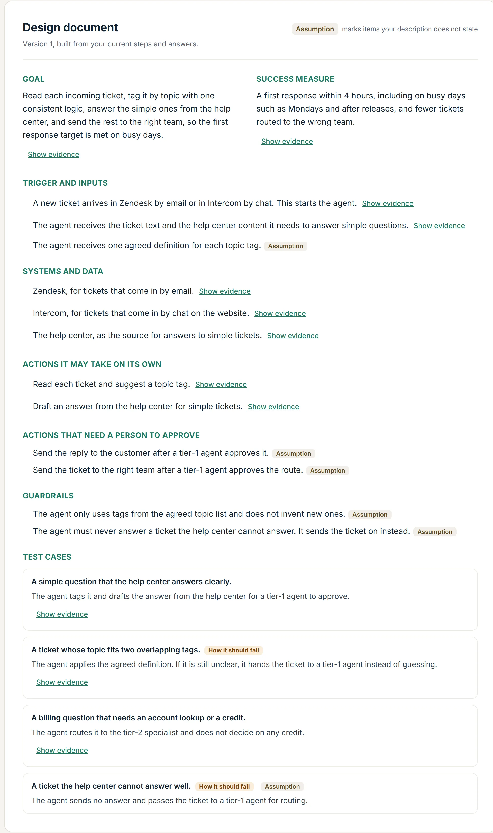 The design document for the recommended agent.
