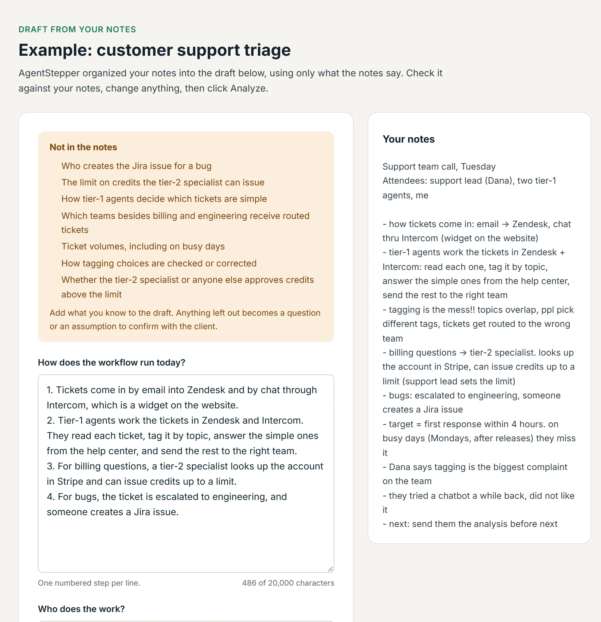A draft organized from meeting notes, with a Not in the notes list, shown beside the original notes.