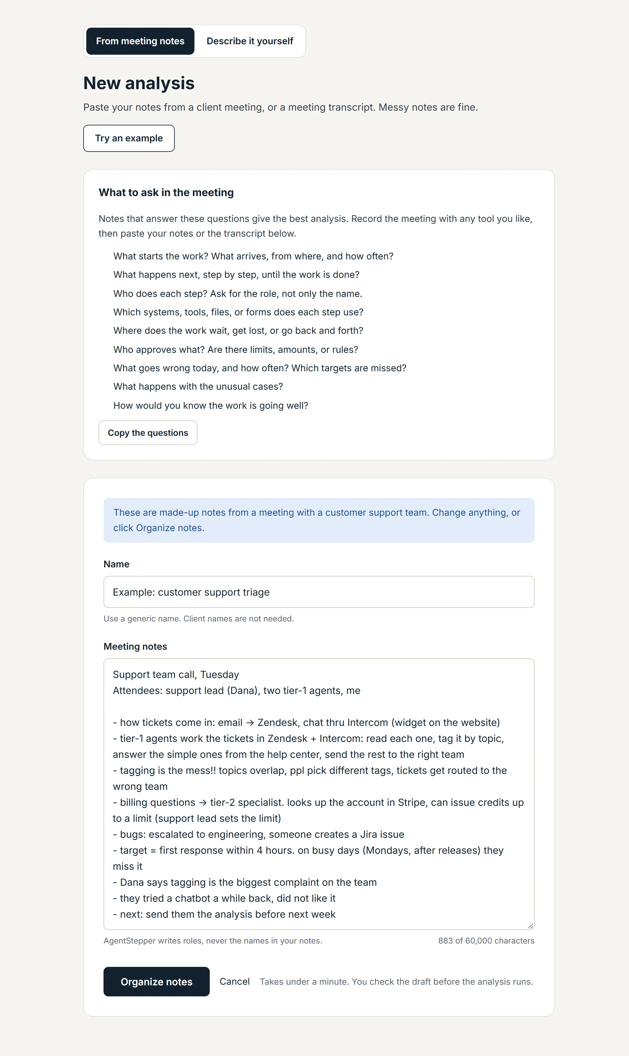 The New analysis page with example meeting notes pasted in.