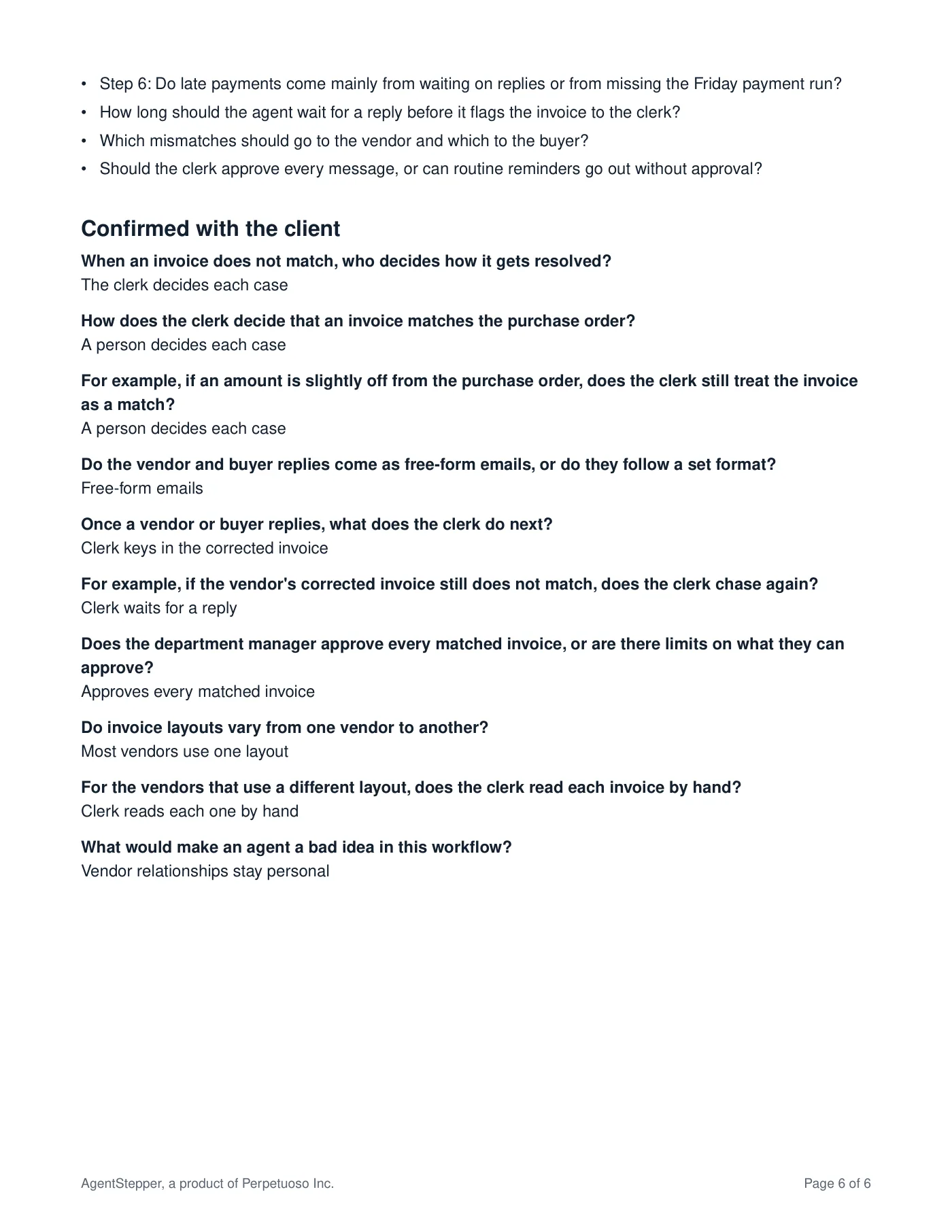 Sample AI Fit Assessment, page 6: open questions and the answers the client confirmed.